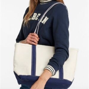 L.L. Bean Medium Boat Tote with long handles Navy blue cream canvas